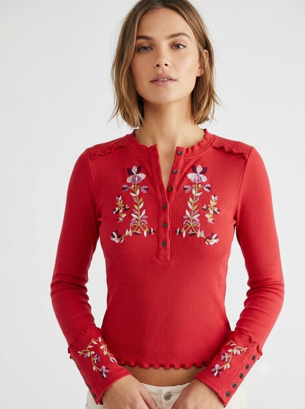 Free People Fleur Embroidered Cuff Henley Top Womens Large Retro Red Long Sleeve